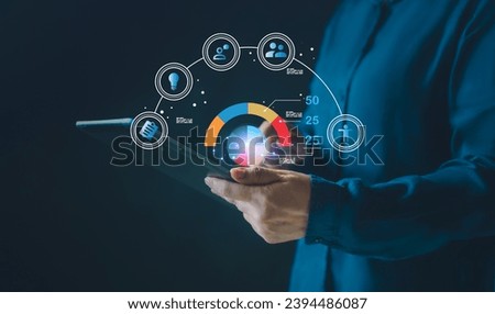 Businessman analyze and visualize complex information using AI to process big data. digital transformation technology, Analyst working on Data Management System, report with KPI and metrics database.