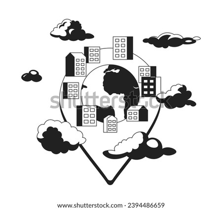 Apartment complex pin black and white 2D illustration concept. Multifamily properties pinpoint isolated cartoon outline object. Condominium highrise neighborhood urban metaphor monochrome vector art