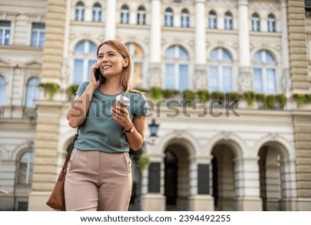 Travel, phone and smile with black woman in city for lunch break, relax and social media. Email, business and website with girl and coffee reading online for networking, technology concept.