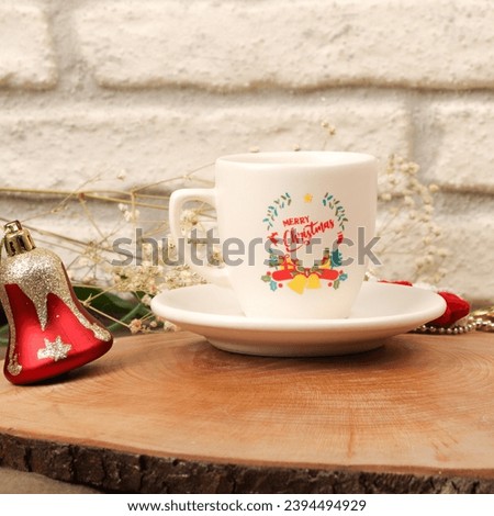 White christmas mug for mockup in Christmas decorations, Wooden and white wall background