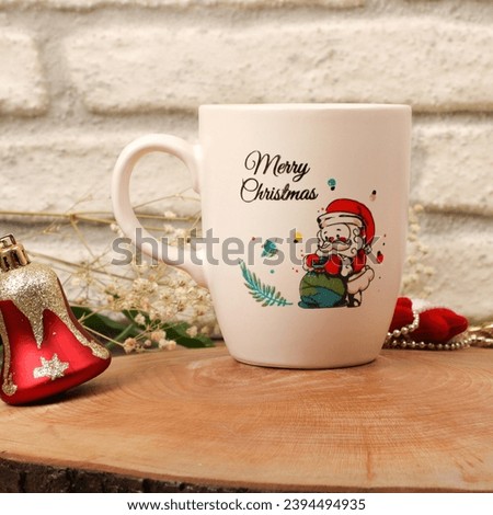 White christmas mug for mockup in Christmas decorations, Wooden and white wall background