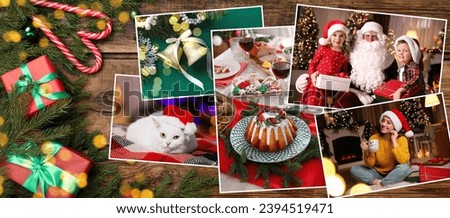 Photos of Christmas holidays on wooden background with gift boxes and decor, flat lay. Banner design