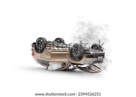 Car crash, upside down SUV with smoke and broken windows isolated on white background Royalty-Free Stock Photo #2394526251