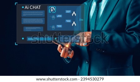 Businessman chat with Ai technology on smartphone screen, Chatbot message answer customer question, smart mobile intelligence Ai. Chat bot Artificial Intelligence concept, Futuristic business robot