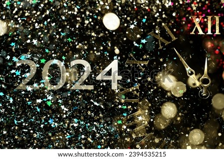 New Year's background with 2024 text, clock showing midnight, fireworks and shimmering glitter confetti. 3D render illustration.