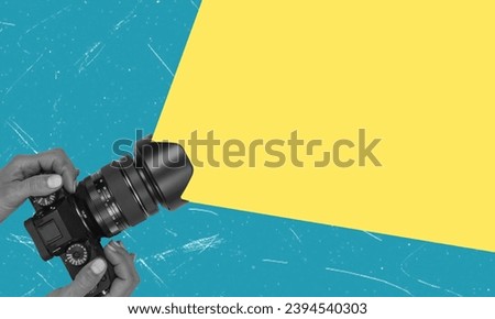 Contemporary art collage. Modern camera with a beam of yellow light. Shooting concept. Copy space for advertising