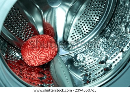 Red Rubber Human Brain Inside a Washing Machine, Brainwashing Concept. Royalty-Free Stock Photo #2394550765