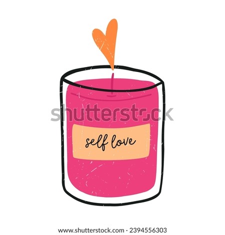 Hand drawn self love candle, cartoon flat vector illustration with grunge texture, isolated on white background. Cute candle with flame in shape of heart. Concepts of love and self care.