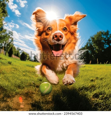 Picture a vibrant scene where a dog, with soft and warm-toned fur, radiates joy as it swiftly runs across a lush and green lawn. Its snout is animated, and its eyes gleam with pure excitement. The dog
