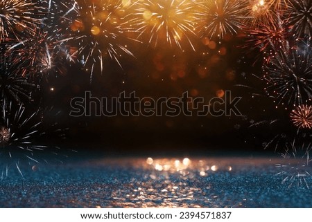 abstract glitter background with fireworks. christmas eve, 4th of july holiday concept