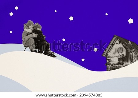 Picture sketch collage image of smiling funny little kids enjoying new year north pole trip isolated blue color background