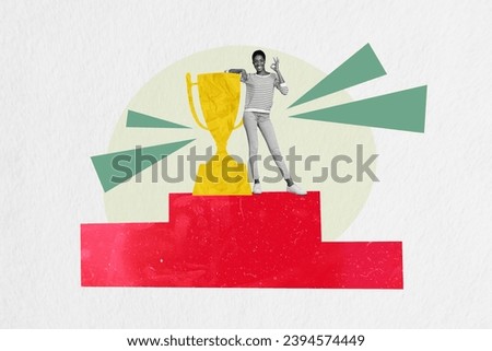 Composite collage picture image of funny young female stand pedestal golden goblet cup show okey symbol weird freak bizarre unusual fantasy