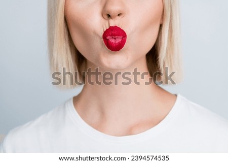 Close up cropped photo of glamour charming girl send kisses perfect mouth lips red balm aesthetic isolated on grey color background