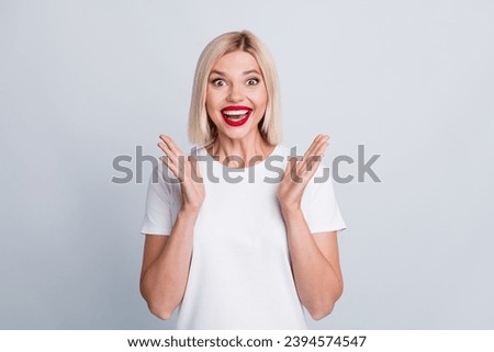 Photo of astonished cheerful girl dressed nice clothes unexpected unbelievable offer isolated on grey color background Royalty-Free Stock Photo #2394574547