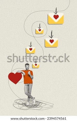 Vertical digital app advertisement collage young alone guy searching girlfriend receive mails sms love isolated on gray background