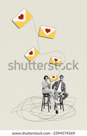 Photo collage artwork picture of smiling charming couple chatting instagram twitter telegram facebook isolated beige color background