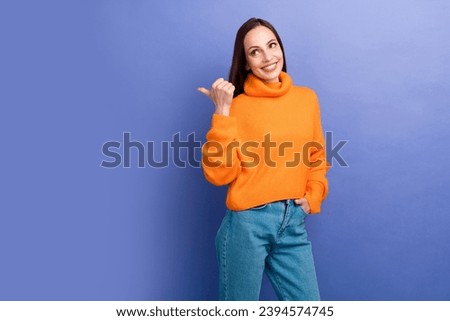 Photo of mature business lady happy mother recommend psychologist session directing finger empty space isolated on purple color background