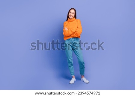 Full body photo of charming girlfriend model folded hands look empty space thinking about her business isolated on purple color background