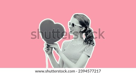 Portrait of happy smiling young woman holding red heart shaped balloon in magazine style on pink background, magazine style
