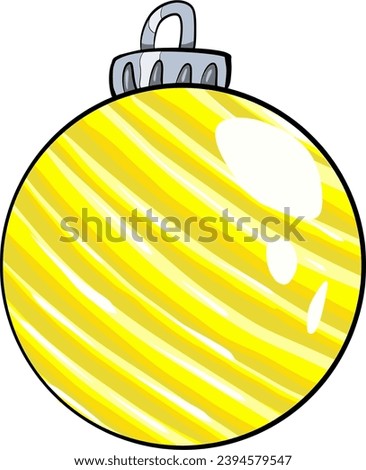 Hand drawn vector drawing of Yellow Christmas ball with line pattern. Colourful, cartoon style, doodle, decoration, symbol, sign, holiday, winter, happy new year, golden