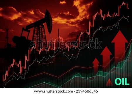 Oil pump jacks with stock market graphs and upward arrows symbolizing profit