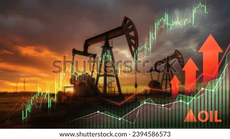 Oil pump jacks and refinery silhouettes with overlay of bullish stock market charts