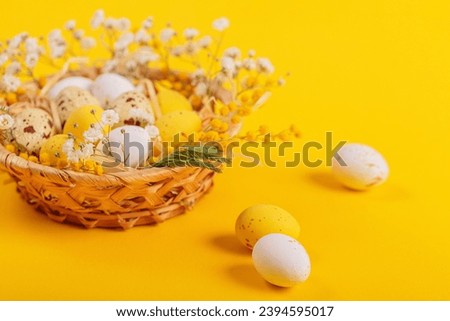 Easter candy chocolate eggs and almond sweets lying in a bird's nest decorated with flowers and feathers on a yellow background. Happy Easter concept.