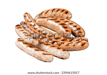 Grilled Bratwurst meat sausages on a steel tray with herbs. Isolated, white background Royalty-Free Stock Photo #2394615017