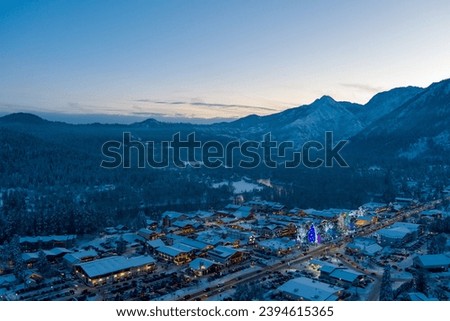 Aerial view of Leavenworth, Washington at sunset in December