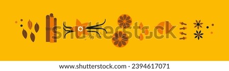 Spices abstract vector collection. Cardamom, star anise, cinnamon stick, vanilla, cloves. Horizontal banner with spices. Spices for baking. Cooking and mulled wine ingredients. Spices shop logo. Royalty-Free Stock Photo #2394617071