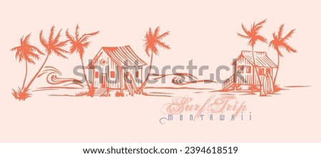 Vector illustration of stylized coastal landscape. Art in stripped and free strokes. Royalty-Free Stock Photo #2394618519