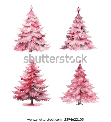 Watercolor Christmas Tree illustration, Cute Pink Trees, Christmas tree with gifts, Cozy Winter clip art, Holiday Design planner scrapbooking