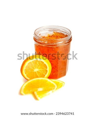Orange Jam in Jar Isolated, Apricot Marmalade, Fruit Jelly Fruity Confiture, Yellow Red Syrup in Spoon, Mango Sauce, Orange Jam Jar on White Background Royalty-Free Stock Photo #2394623741
