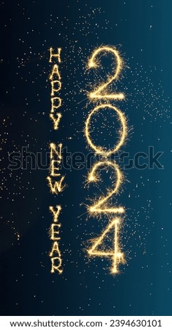 Happy New Year 2024. Vertical New Year web banner with Golden sparkling text Happy New Year 2024 on Festive background. Creative holiday New Year greeting card