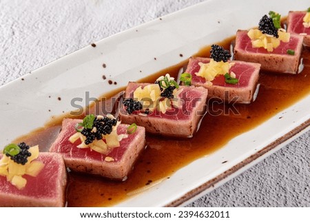 Medium tuna Tataki. Delicious fried Tuna Fillet with sauce.
Ahi tuna. Delicious Tuna Sashimi Royalty-Free Stock Photo #2394632011
