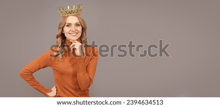 Princess woman with crown. portrait of glory. smiling blonde woman in crown. self confident queen. expressing smug. Woman portrait, isolated header banner with copy space.