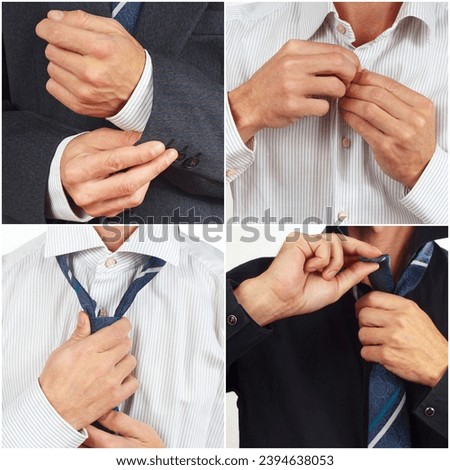 Collage of process of dressing a successful man.