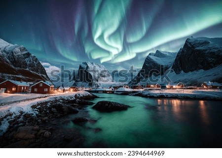 Aurora borealis over Hamnoy in Norway Royalty-Free Stock Photo #2394644969