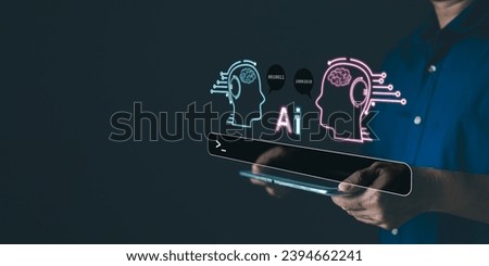 man use tablet command prompt ai chat. Big data storage.Digital Artificial Intelligence (AI) technology disruption concept. We are implementing storage technology support in the business.