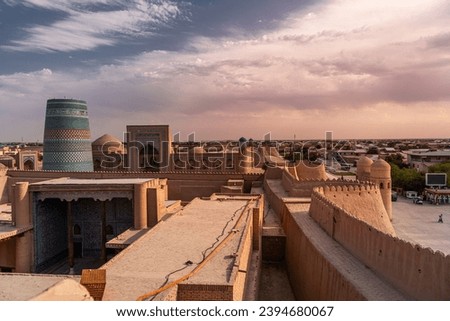 West gate, father gate, ichon qala, Khiva, Uzbekistan. Sunset picture taken from the city wall