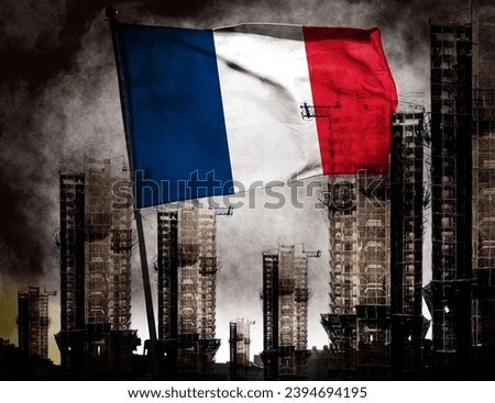 Double exposure creative hologram of unfinished super high-rise building and French flag. Describing the French real estate collapse, rising prices, financial turmoil, and inflation         Royalty-Free Stock Photo #2394694195
