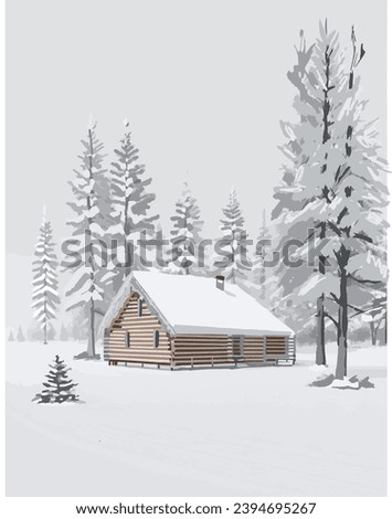 Winter scene of a log cabin in the middle of pine trees forest with the snow covered. Illustration vector for Christmas.