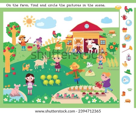 Find hidden objects in picture. Educational puzzle game for kids.  Cute farmers and animals on the farm. Cartoon funny characters. Vector illustration for children on background. Royalty-Free Stock Photo #2394712365