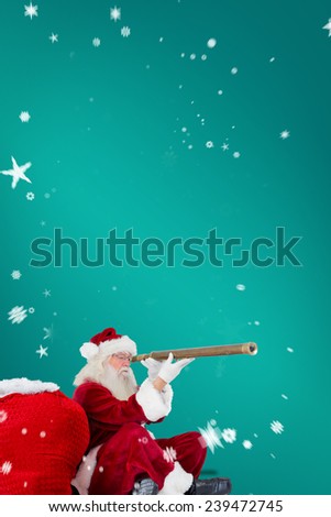 Santa claus looking through telescope against green snowflake background