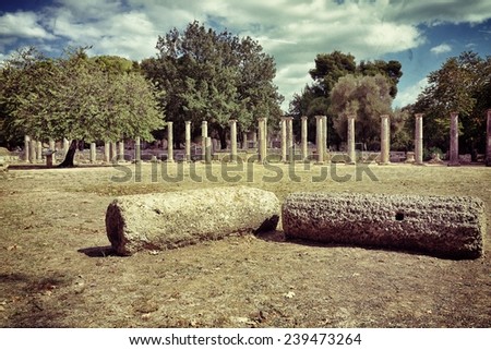  Greece Olympia, ancient ruins of the Palaestra, area in which athletes trained for wrestling in Olympia, UNESCO world heritage site. Filtered image