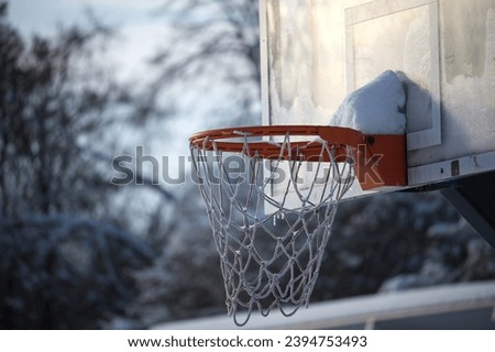 Outdoor basketball hoop against a blurred background. The net and the rim of the hoop are covered with a layer of snow, lending a unique cold touch to the scene