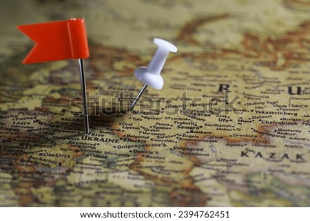 Kyiv map. Kyiv pin map. Close up of Kyiv map with red flag pin. Map with red pin point of Kyiv in Ukraine. Royalty-Free Stock Photo #2394762451