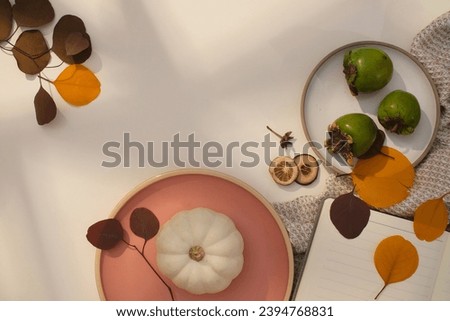 Unripe persimmons are displayed on a white plate, pumpkin is placed on a pink plate. Autumn leaves and props on white background with shadows. Autumn theme.