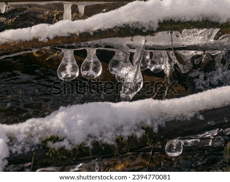 picture with various ice formations against a background of a fast flowing blurred river