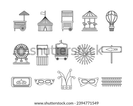 Carnival Equipment Collection Line Art Style. Entertainment Themed Design Vector Illustration on White Background.